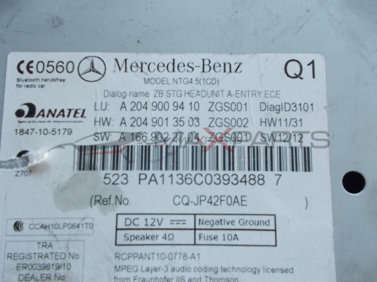 RADIO CD NAVI MERCEDES W204 09-14 A2049009410  A2049013503  A1669022704