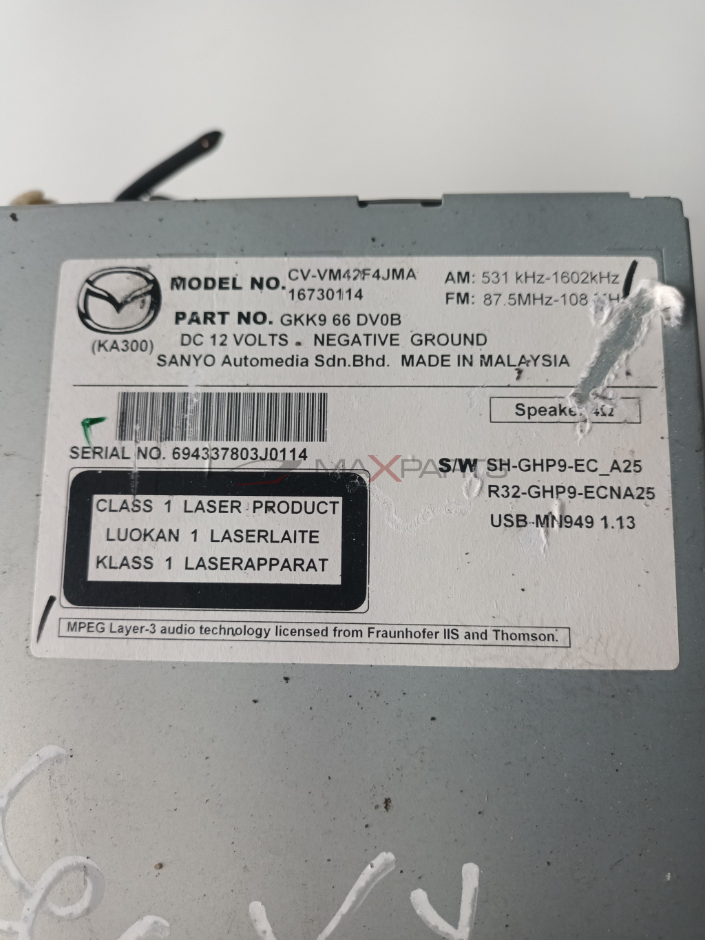 NAVI MAZDA 6 2.2 SKYACTIVE GKK 66 DV6 DC 12 VOLTS . NEGATIVE GROUND SANYO Automedia Sdn.Bhd . MADE IN MALAYSIA  SERIAL NO . 694337803J0114